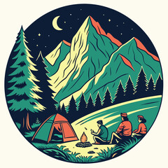 Camping adventure under the stars a scenic illustration of a mountain landscape with campers around a campfire.