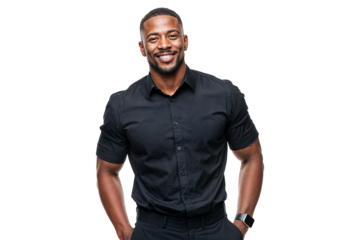 Confident smiling black man in short sleeve shirt isolated on transparent background