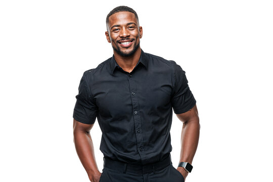 Confident smiling black man in short sleeve shirt isolated on transparent background