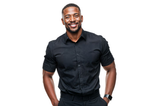 Confident smiling black man in short sleeve shirt isolated on transparent background
