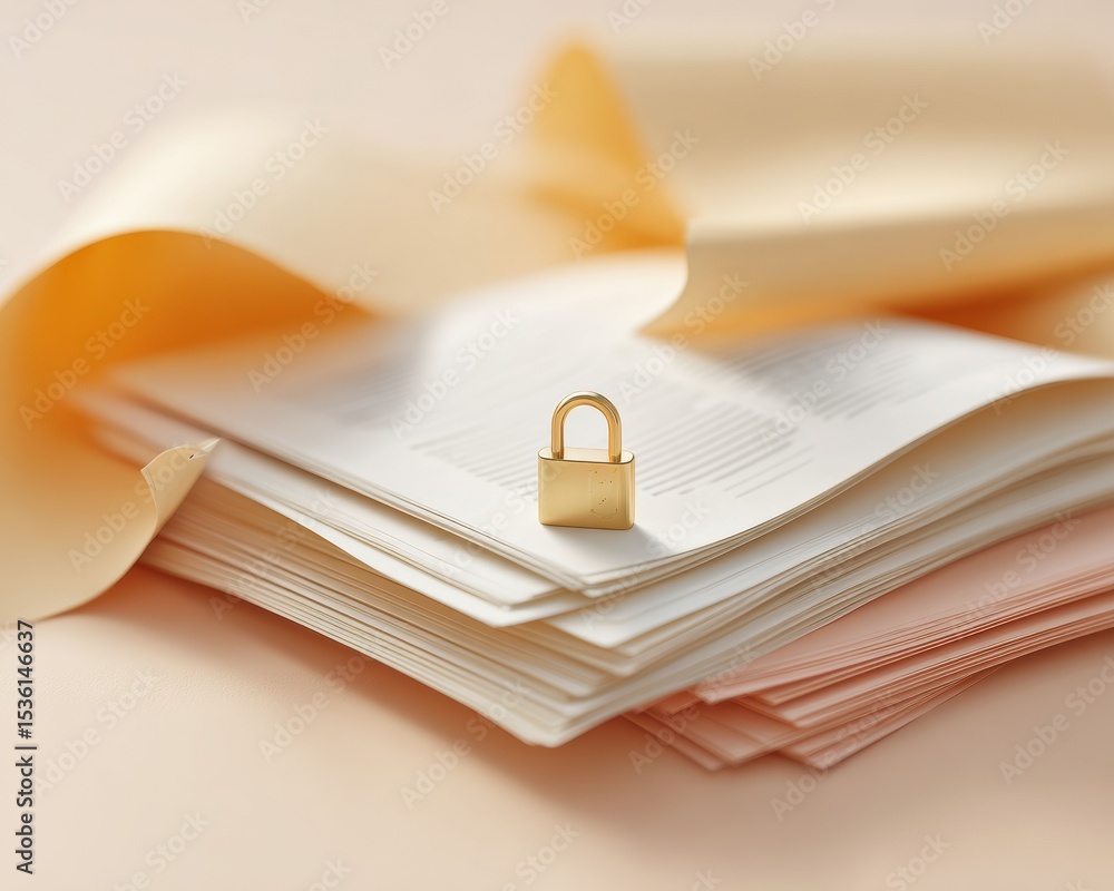 Poster Cybersecurity Training Concept with Gold Padlock on Documents in Warm Golden Hour Light for Data Privacy and Secure File Protection Education