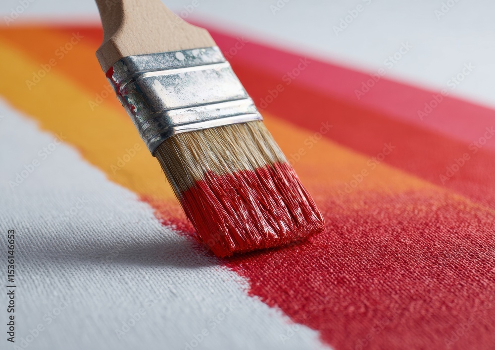 Poster close-up of a paintbrush applying red fabric paint on cotton cloth with sharp masking tape edge for 
