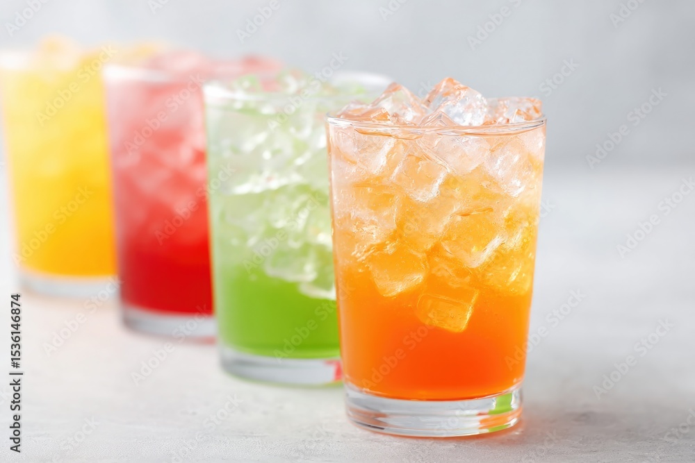 Poster minimalistic close-up of assorted beverages in different glasses isolated on clean white background 