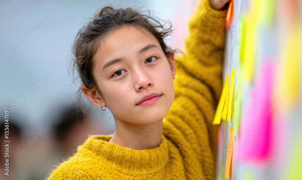 Poster contemporary collaborative classroom scene with chinese teenage girl explaining group project using 