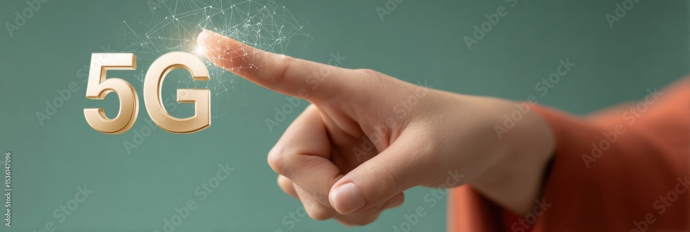 Poster businesswoman activating 5g network symbol with digital mesh connection wireless innovation for fast