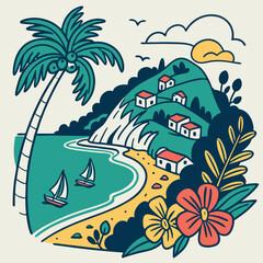Scenic hand-drawn illustration of a tropical coastline featuring a beach sailboat homes palm tree and blooming flowers.