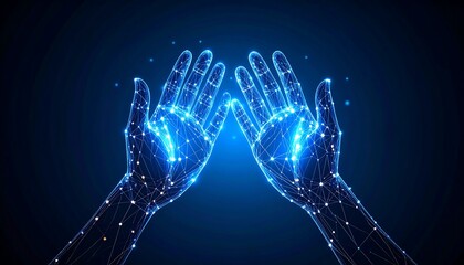 Glowing line art of hand shapes over deep blue background
