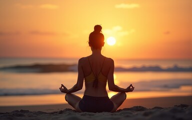 woman meditating on the beach at sunset. High quality