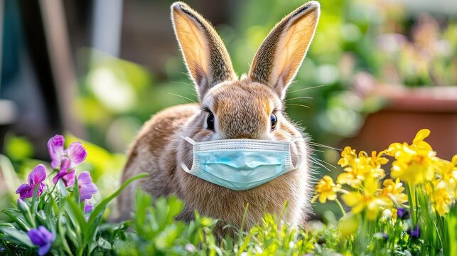 Easter Covid 2021: Happy Easter Bunny with Face Mask in Garden Amid Virus Epidemic