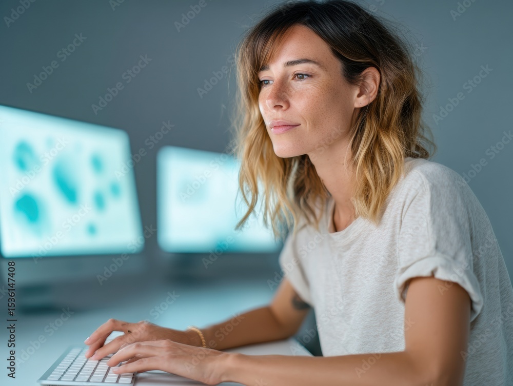 Poster latina fintech engineer working on secure esim dashboard at sleek modern dual monitor workstation in