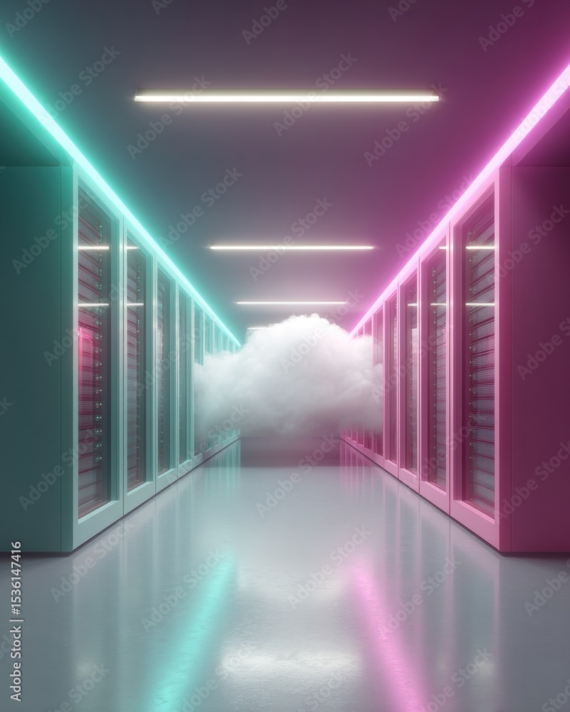 Poster Futuristic Cloud Computing Concept with Neon Server Racks Highlighting Digital Transformation and Seamless Cloud Migration for IT Marketing