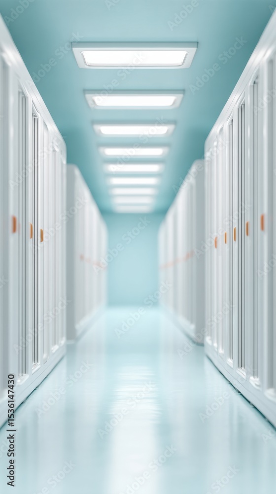 Poster Modern data center server corridor with sleek white racks and ambient lighting representing digital infrastructure and network reliability in tech industry