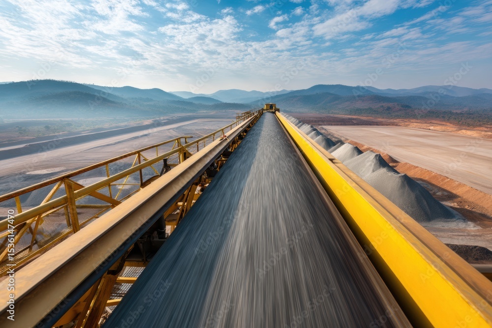 Aufkleber mining conveyor belt transporting extracted minerals in large-scale open pit mine with mountain back