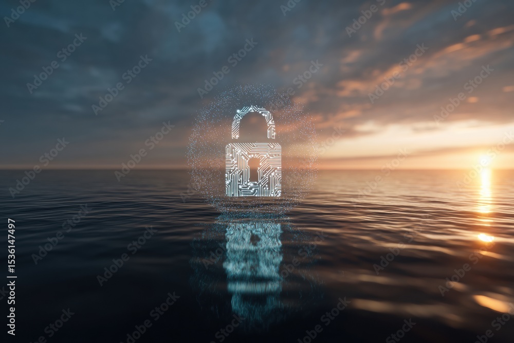 Poster Quantum Cybersecurity Shield Lock Floating Above Ocean Water at Sunset with Digital Circuit Pattern - Futuristic Data Protection Concept