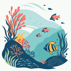 Fototapeta premium Colorful underwater scene depicting playful fish swimming among coral and seaweed in a charming marine environment