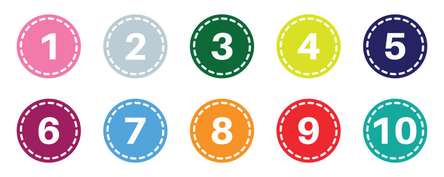 Colorful Round Number Icons Set – Digits 0 to 10 with Long Shadow Style. Vector illustration 