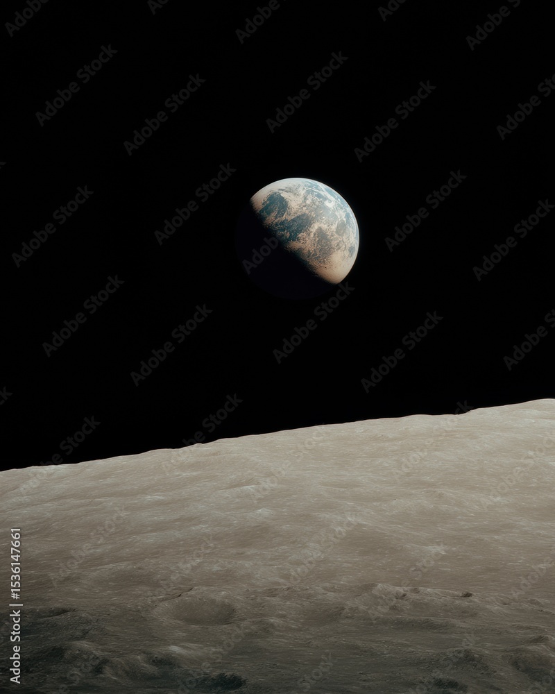 Poster stunning orbital view of earth rising above lunar horizon in space showing cosmic contrast for scien