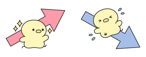 右肩上がりと右肩下がりの矢印と可愛いひよこのイラストセット © Nitomaru