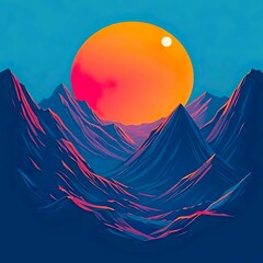 Vibrant retro-futuristic mountain landscape with neon orange sun and geometric peaks in synthwave style