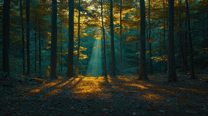Fototapeta premium Sunlight streams through a dense forest