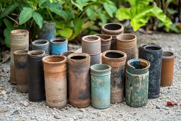 Naklejka premium Various old, weathered cylindrical pots