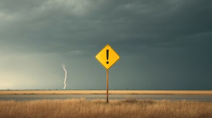 Weather Alert Roadside Warning Sign with Exclamation Mark under Stormy Sky and Lightning Strike for Safety Campaigns and Emergency Preparedness