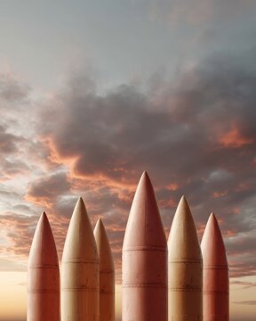 Fototapeta Military Warheads Targeting Sky at Dusk with Dramatic Cloudscape Symbolizing Global Security and Geopolitical Defense Readiness in Modern Defense Industry