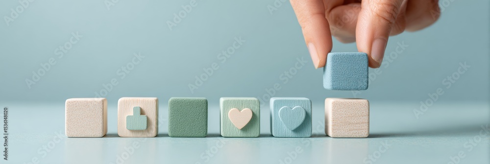 Poster minimalist wooden blocks with health icons and vaccine symbol on smooth table for modern wellness ma
