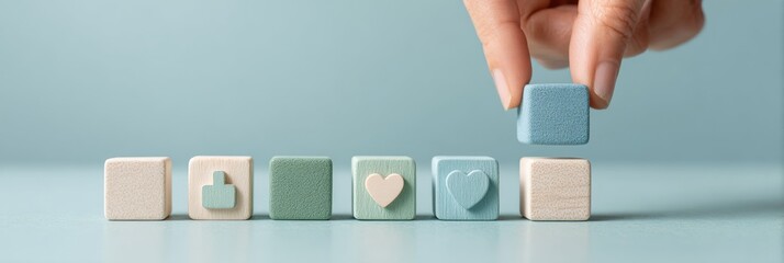 Minimalist wooden blocks with health icons and vaccine symbol on smooth table for modern wellness marketing and secure healthcare promotion