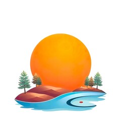 Stylized landscape with orange sunset, rolling hills, pine trees and flowing stream in modern flat design illustration