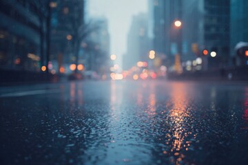 Obraz premium rainy urban street scene featuring wet pavement and glistening surfaces
