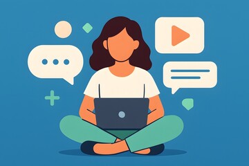 Stylized Illustration of a Woman Using a Laptop Surrounded by Digital Communication Symbols