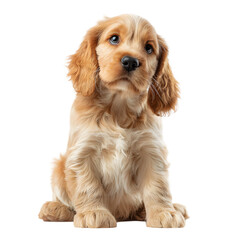 Adorable golden puppy sitting attentively with a soft expression, surrounded by a bright, cheerful background