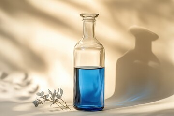 Obraz premium A glass bottle filled with vibrant blue liquid, illuminated by natural light.