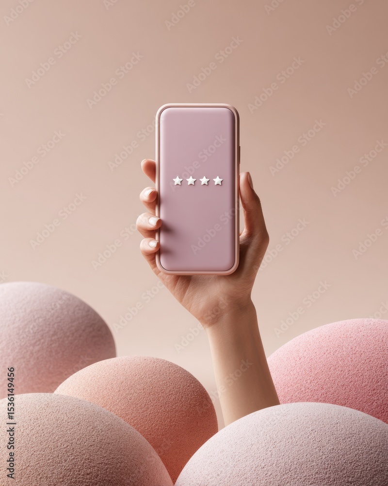 Poster Modern Customer Experience Concept with Hand Holding Smartphone and Floating Five Star Rating Interface for Business Growth and User Feedback