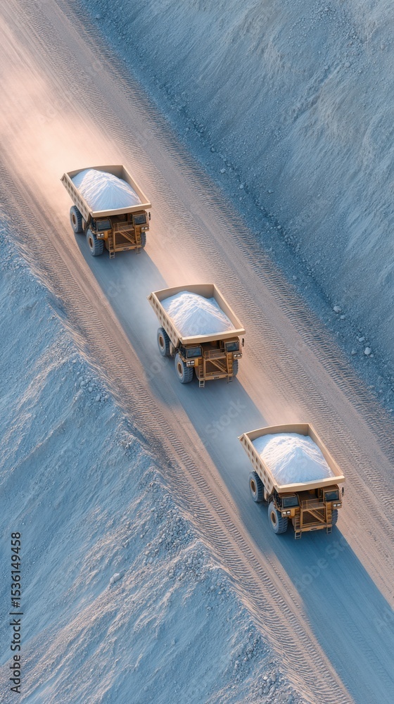 Poster aerial view of large mining trucks transporting extracted materials on industrial terrain, showcasin