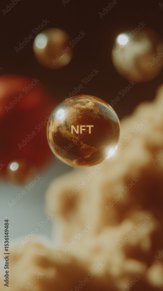 Aufkleber Holographic NFT Token Floating on Futuristic Digital Screen with Network Circuits and Globe Projection for Blockchain and Global Digital Asset Innovation