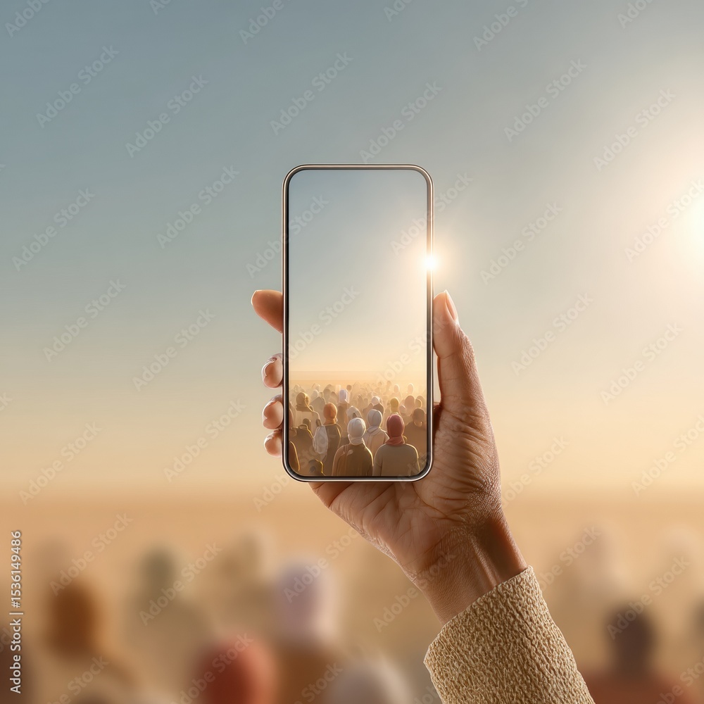 Aufkleber Digital Innovation Hand Holding Smartphone with Crowd Display Symbolizing Virtual Connection and Modern Social Interaction at Sunrise