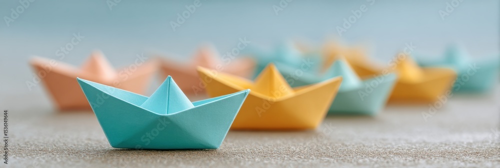 Poster paper boat leadership concept with distinct colorful leader guiding fleet on flat surface representi