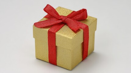 Obraz premium Golden gift box with red ribbon bow, elegant and festive, symbolizing luxury and celebration