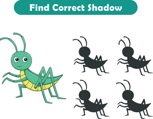 Funny cartoon grasshopper. find the correct shadow. Kids Education games. Cartoon vector illustration