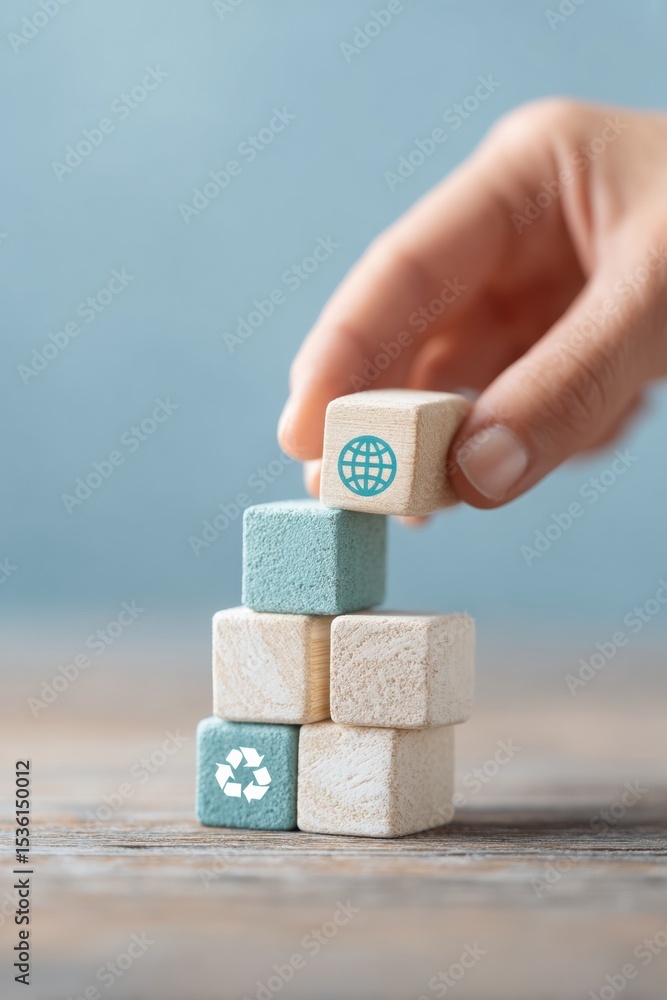 Aufkleber Sustainable Lifecycle Analysis Concept with Hand Stacking Wooden Blocks Featuring Globe and Recycling Icons on Rustic Surface