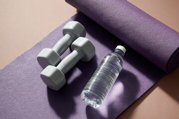 Overhead view of a fitness gym setup with dumbbells, yoga mat, and water bottle