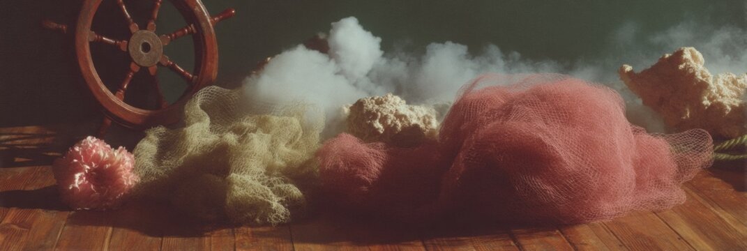 Vintage Nautical Decor Arrangement with Lifesaver Ribbon, Fishing Net, Ship Wheel and Lighthouse on Wooden Floor for Seaside Themed Events and Marketing