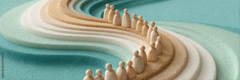 Poster inclusive wooden figurines in curved wave formation on textured surface representing diversity and c