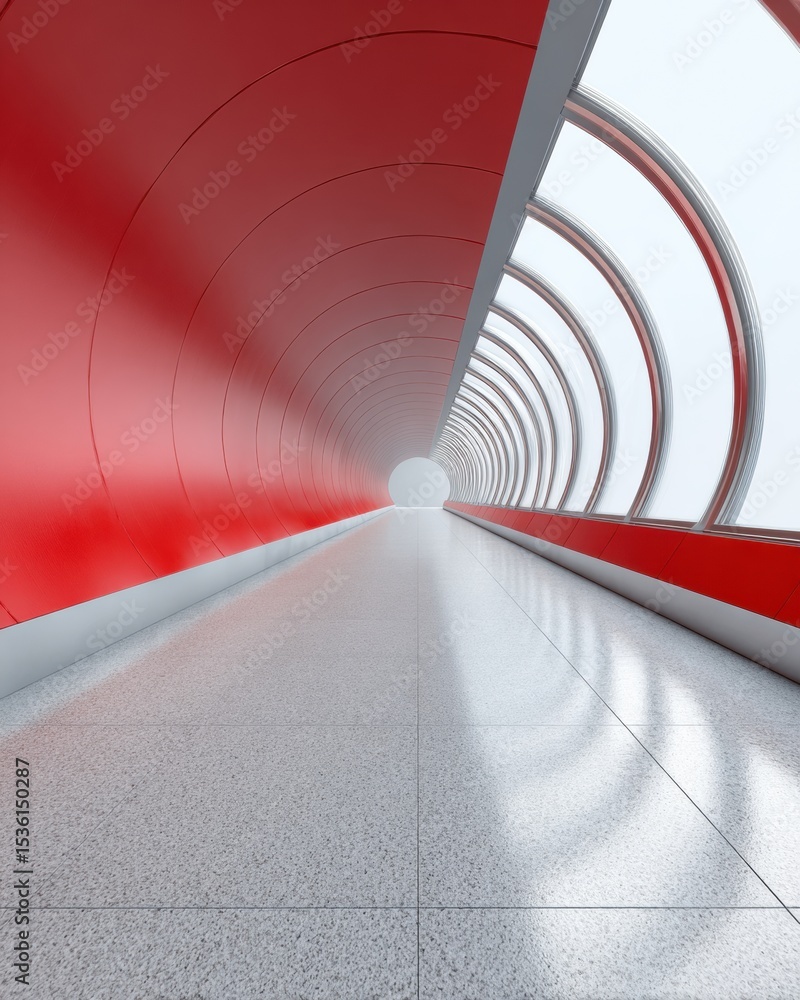 Poster futuristic abstract corridor with red arched tunnel and glass windows symbolizing innovation journey
