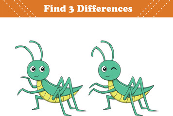 Education game for children find three differences between two grasshopper cartoon. Vector illustration
