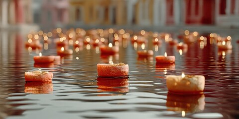 Spiritual Floating Oil Lamps on River During Ganga Aarti Festival at Night with Temple Reflections - Cultural Event for Religious Marketing