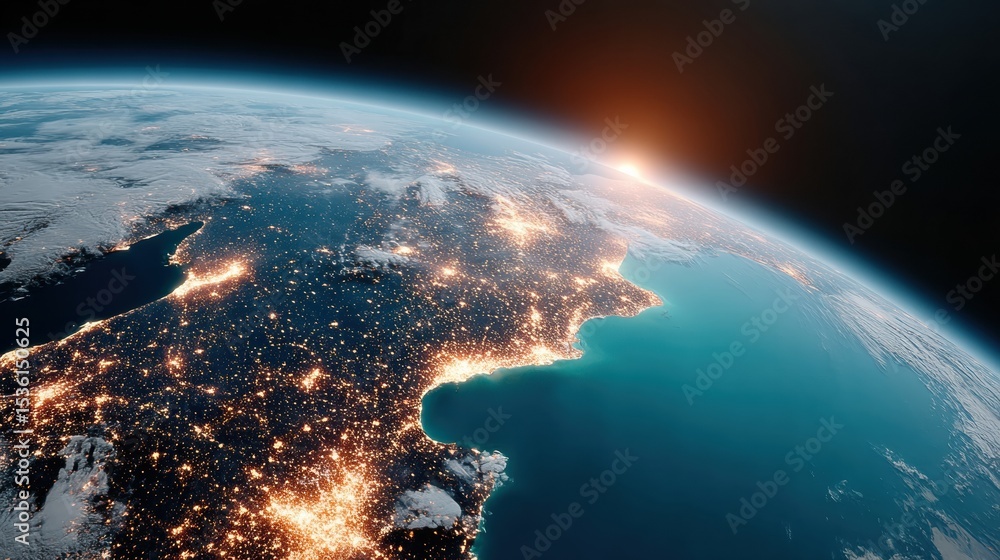 Poster satellite view of europe and mediterranean at night highlighting urban lights and geopolitical patte