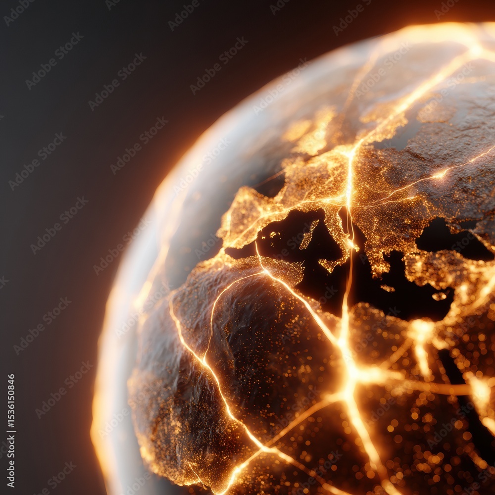 Poster futuristic digital globe with glowing trade routes and virtual borders illustrating cyber warfare an